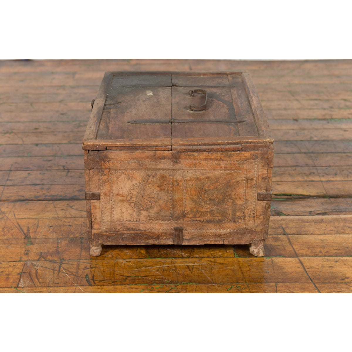 Rustic Indian 19th Century Treasure Box with Carved Rosettes and Small Feet-14. Asian & Chinese Furniture, Art, Antiques, Vintage Home Décor for sale at FEA Home