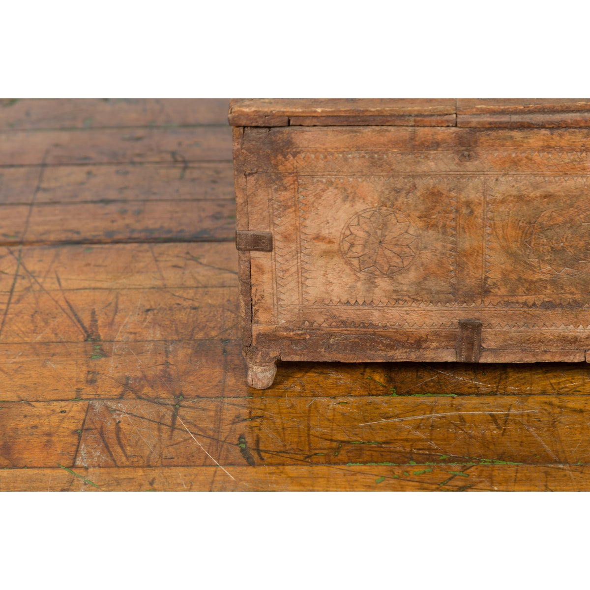 Rustic Indian 19th Century Treasure Box with Carved Rosettes and Small Feet-15. Asian & Chinese Furniture, Art, Antiques, Vintage Home Décor for sale at FEA Home
