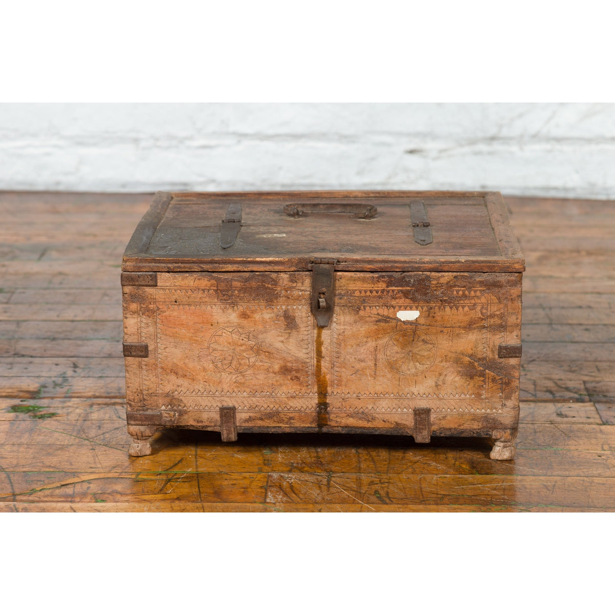 Rustic Indian 19th Century Treasure Box with Carved Rosettes and Small Feet-5. Asian & Chinese Furniture, Art, Antiques, Vintage Home Décor for sale at FEA Home