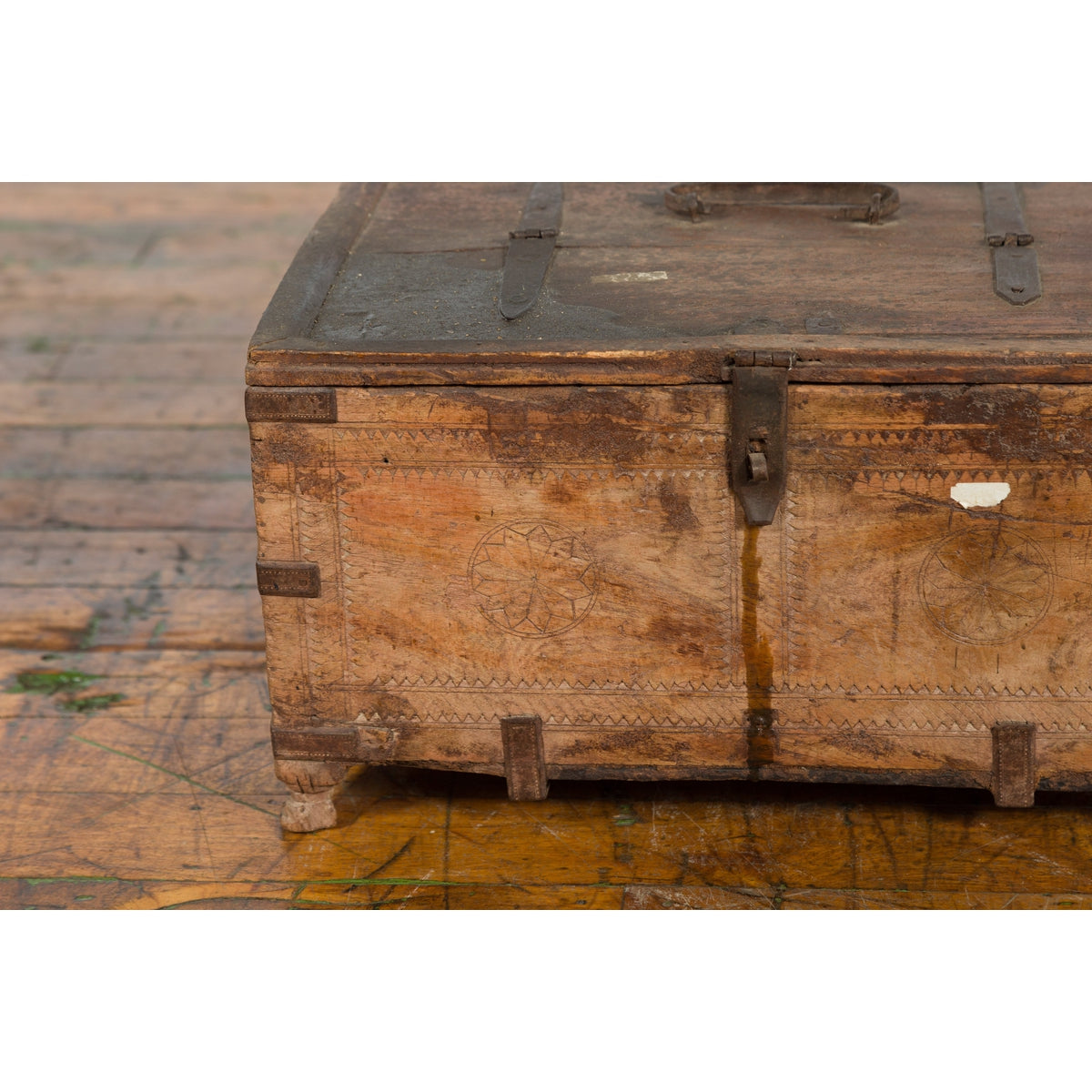 Rustic Indian 19th Century Treasure Box with Carved Rosettes and Small Feet-8. Asian & Chinese Furniture, Art, Antiques, Vintage Home Décor for sale at FEA Home
