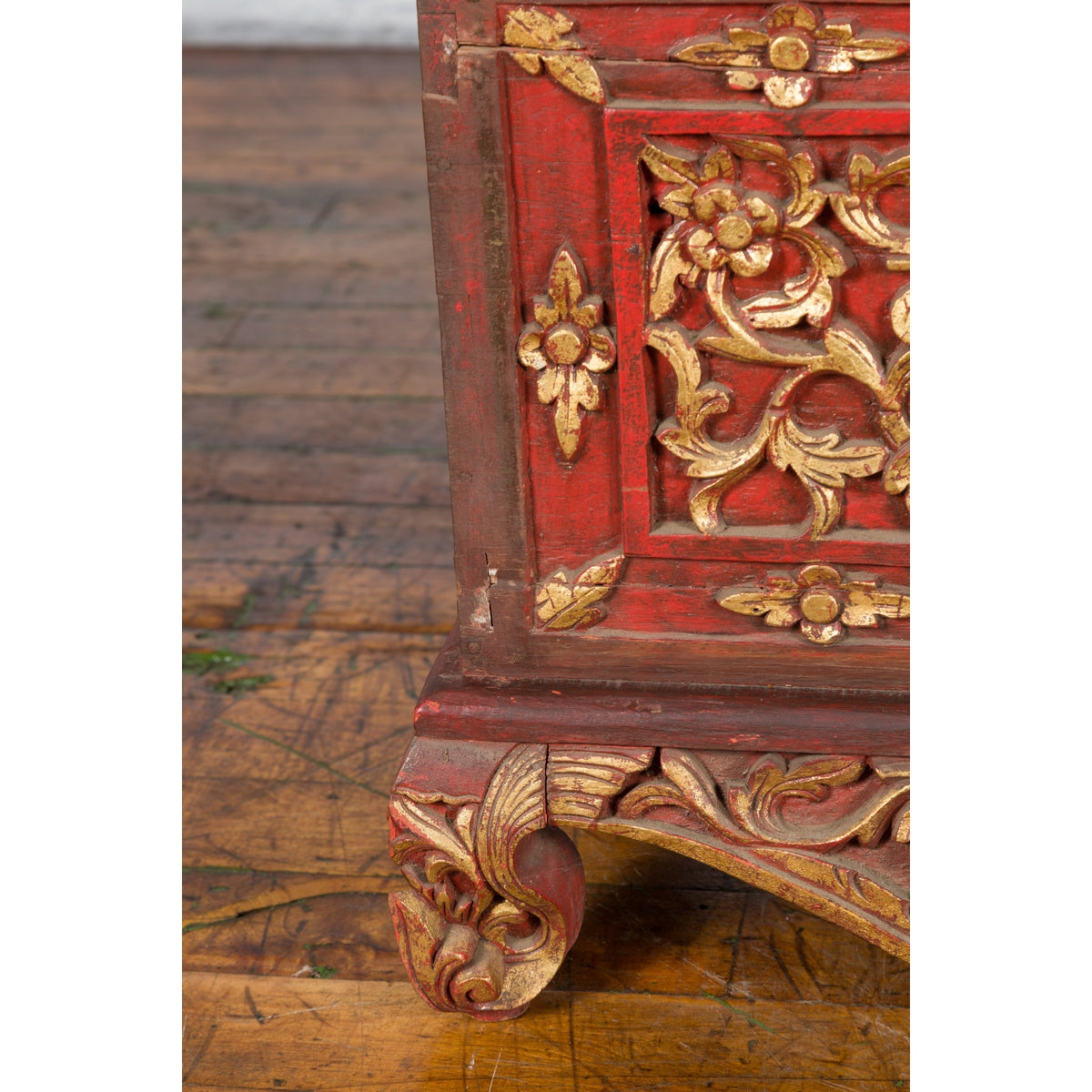 Antique Madura Hand Carved Wooden Treasure Chest with Red and Gold Décor-11. Asian & Chinese Furniture, Art, Antiques, Vintage Home Décor for sale at FEA Home