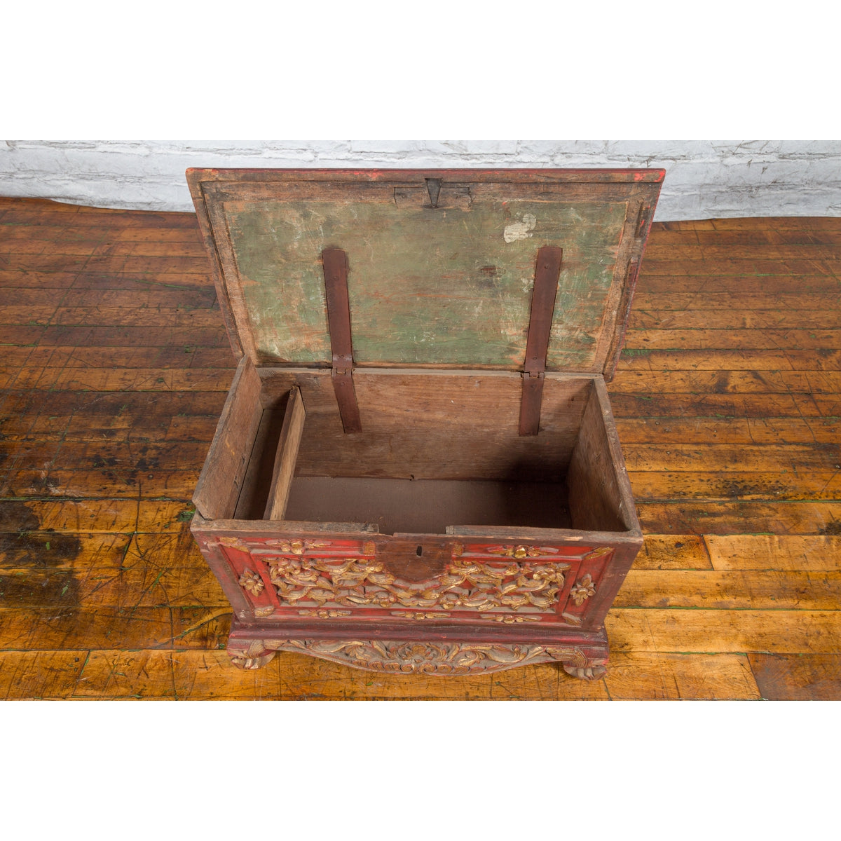 Antique Madura Hand Carved Wooden Treasure Chest with Red and Gold Décor-12. Asian & Chinese Furniture, Art, Antiques, Vintage Home Décor for sale at FEA Home