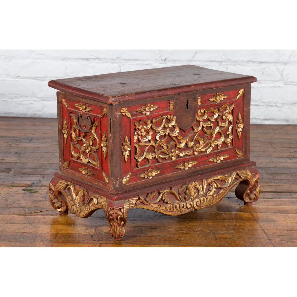 Antique Madura Hand Carved Wooden Treasure Chest with Red and Gold Décor-13. Asian & Chinese Furniture, Art, Antiques, Vintage Home Décor for sale at FEA Home