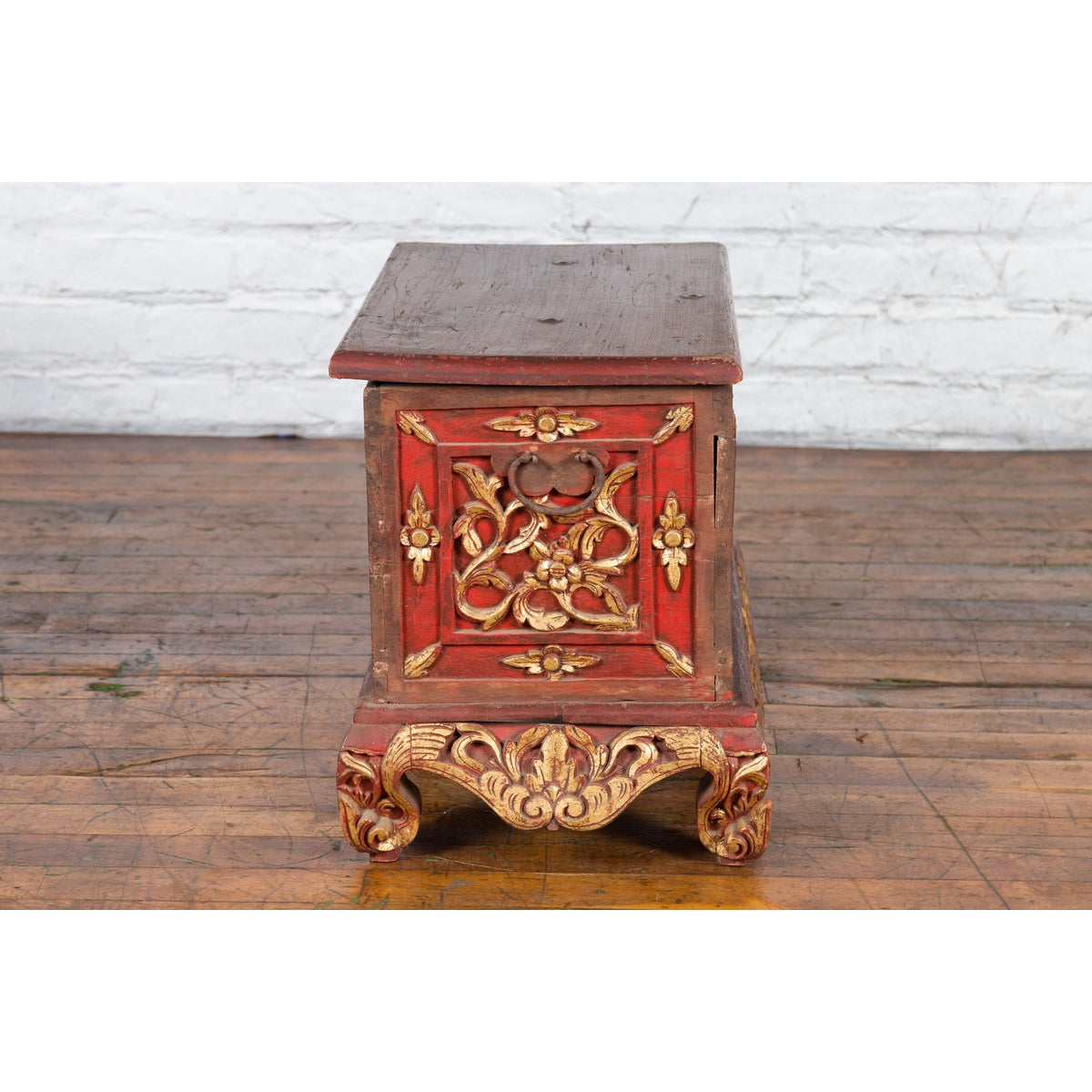Antique Madura Hand Carved Wooden Treasure Chest with Red and Gold Décor-14. Asian & Chinese Furniture, Art, Antiques, Vintage Home Décor for sale at FEA Home