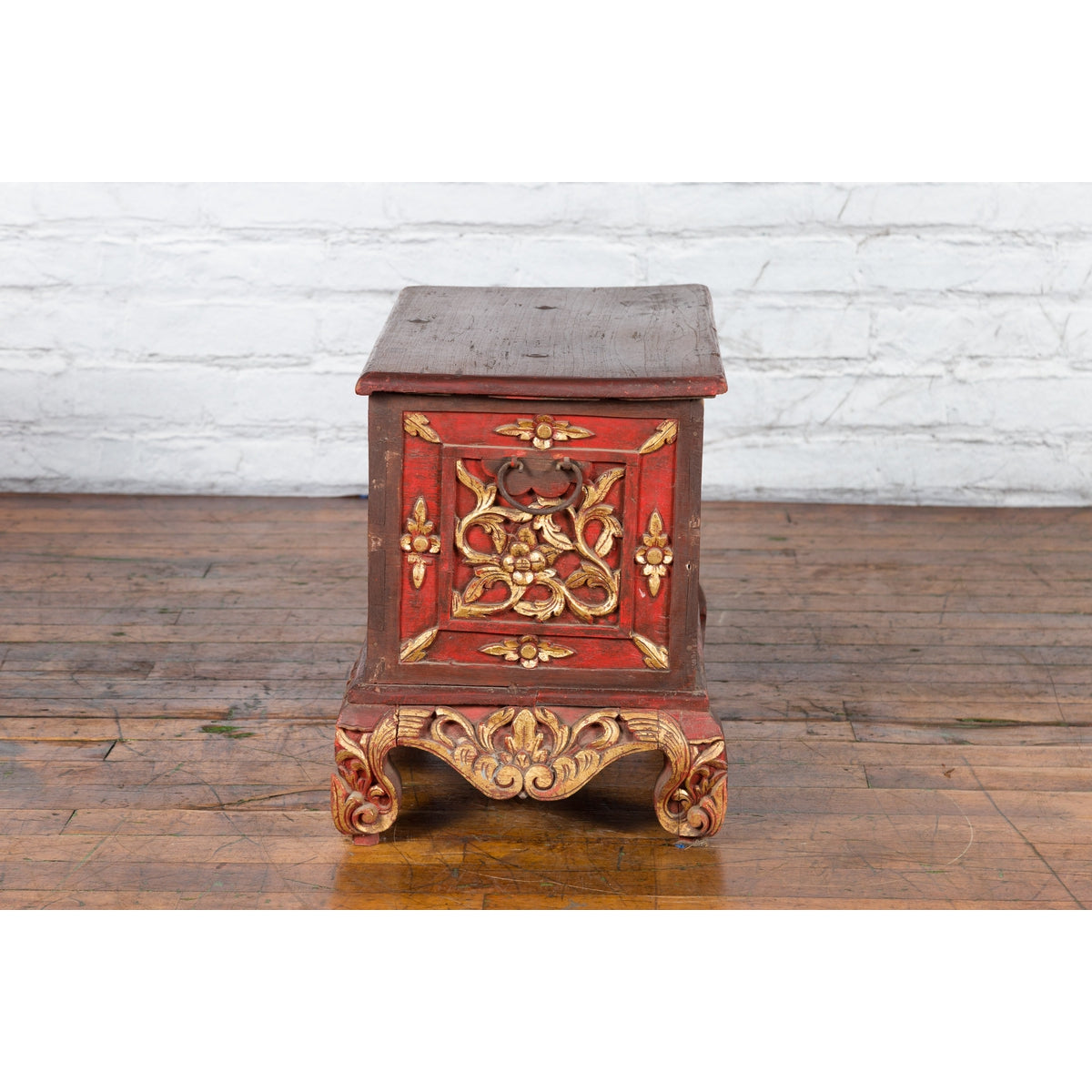 Antique Madura Hand Carved Wooden Treasure Chest with Red and Gold Décor-16. Asian & Chinese Furniture, Art, Antiques, Vintage Home Décor for sale at FEA Home