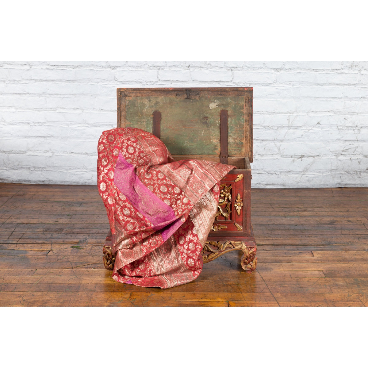 Antique Madura Hand Carved Wooden Treasure Chest with Red and Gold Décor-3. Asian & Chinese Furniture, Art, Antiques, Vintage Home Décor for sale at FEA Home