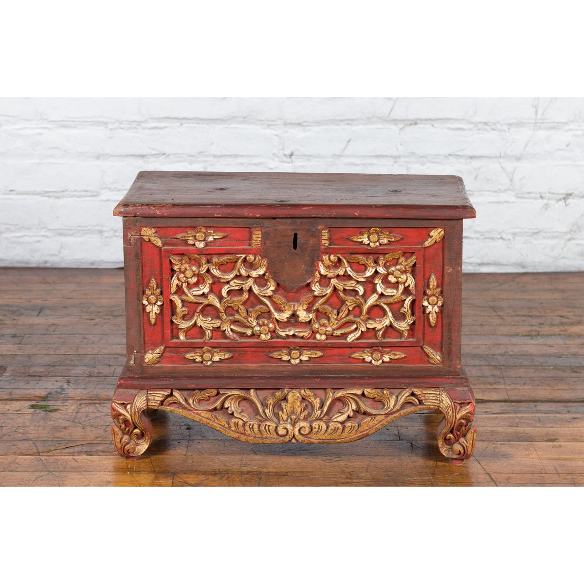 Antique Madura Hand Carved Wooden Treasure Chest with Red and Gold Décor-4. Asian & Chinese Furniture, Art, Antiques, Vintage Home Décor for sale at FEA Home