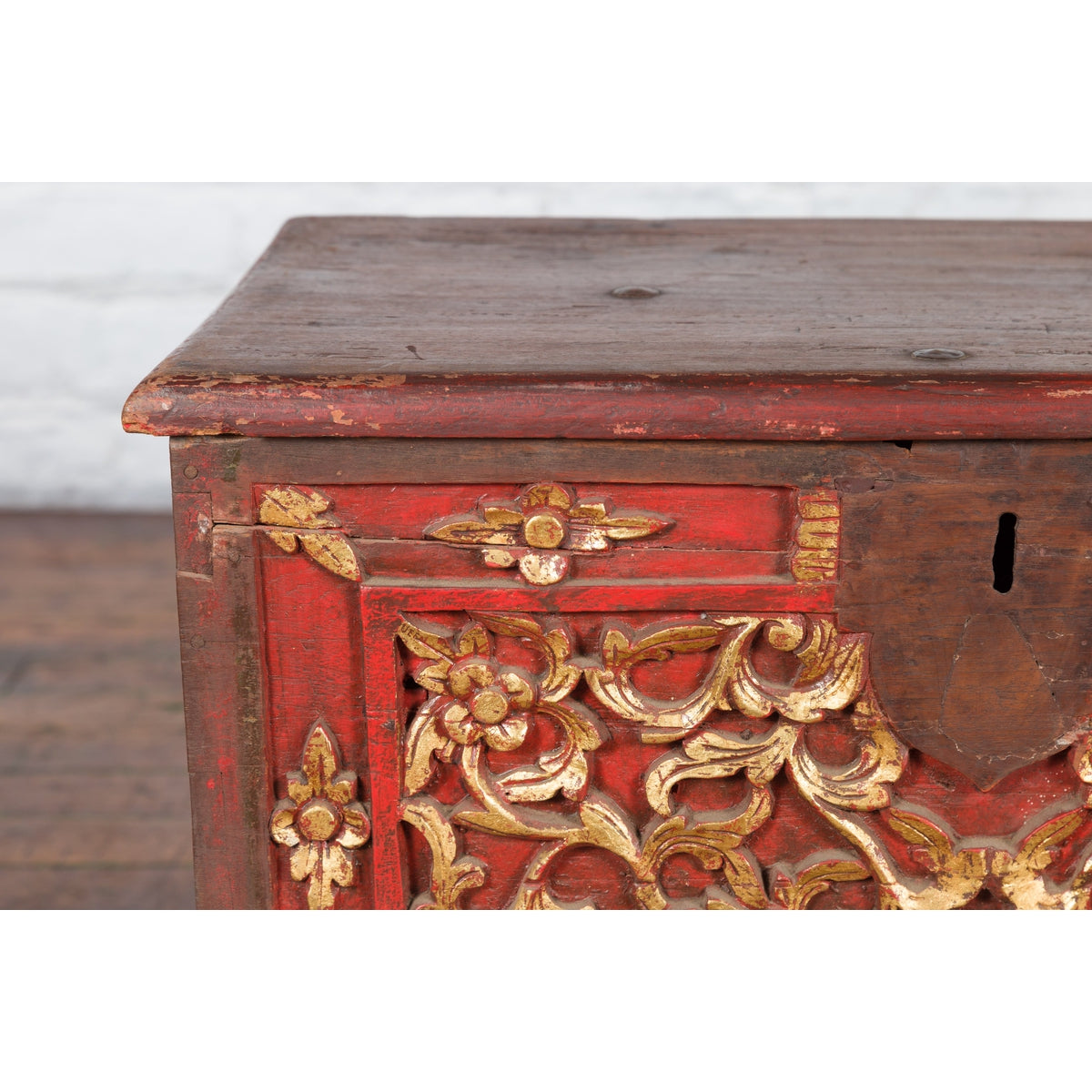 Antique Madura Hand Carved Wooden Treasure Chest with Red and Gold Décor-6. Asian & Chinese Furniture, Art, Antiques, Vintage Home Décor for sale at FEA Home