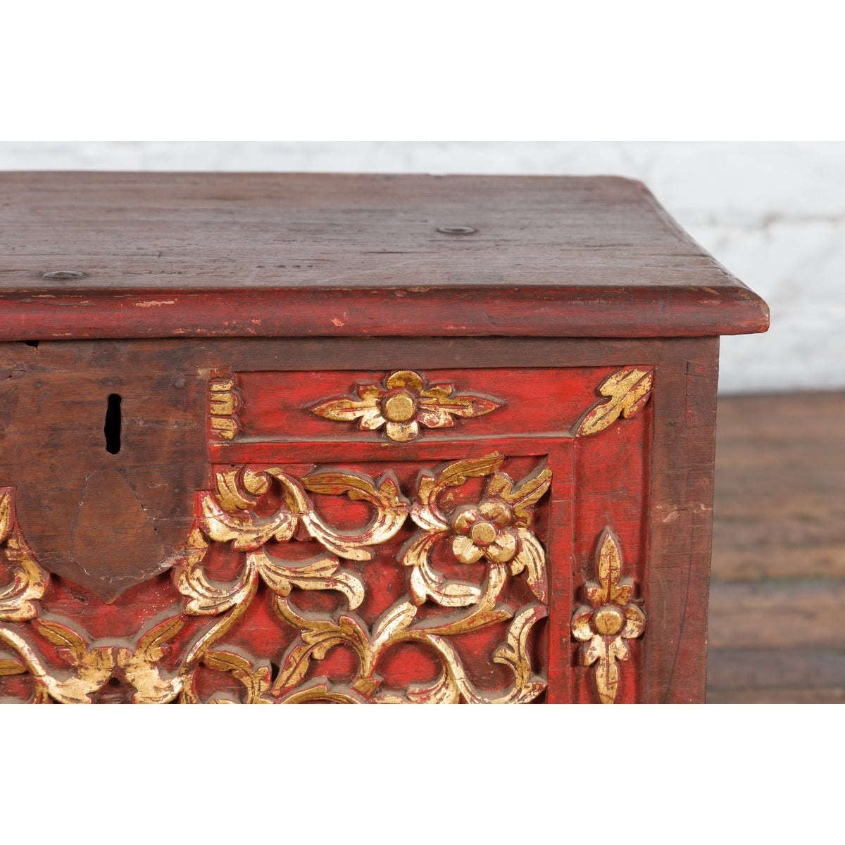 Antique Madura Hand Carved Wooden Treasure Chest with Red and Gold Décor-7. Asian & Chinese Furniture, Art, Antiques, Vintage Home Décor for sale at FEA Home
