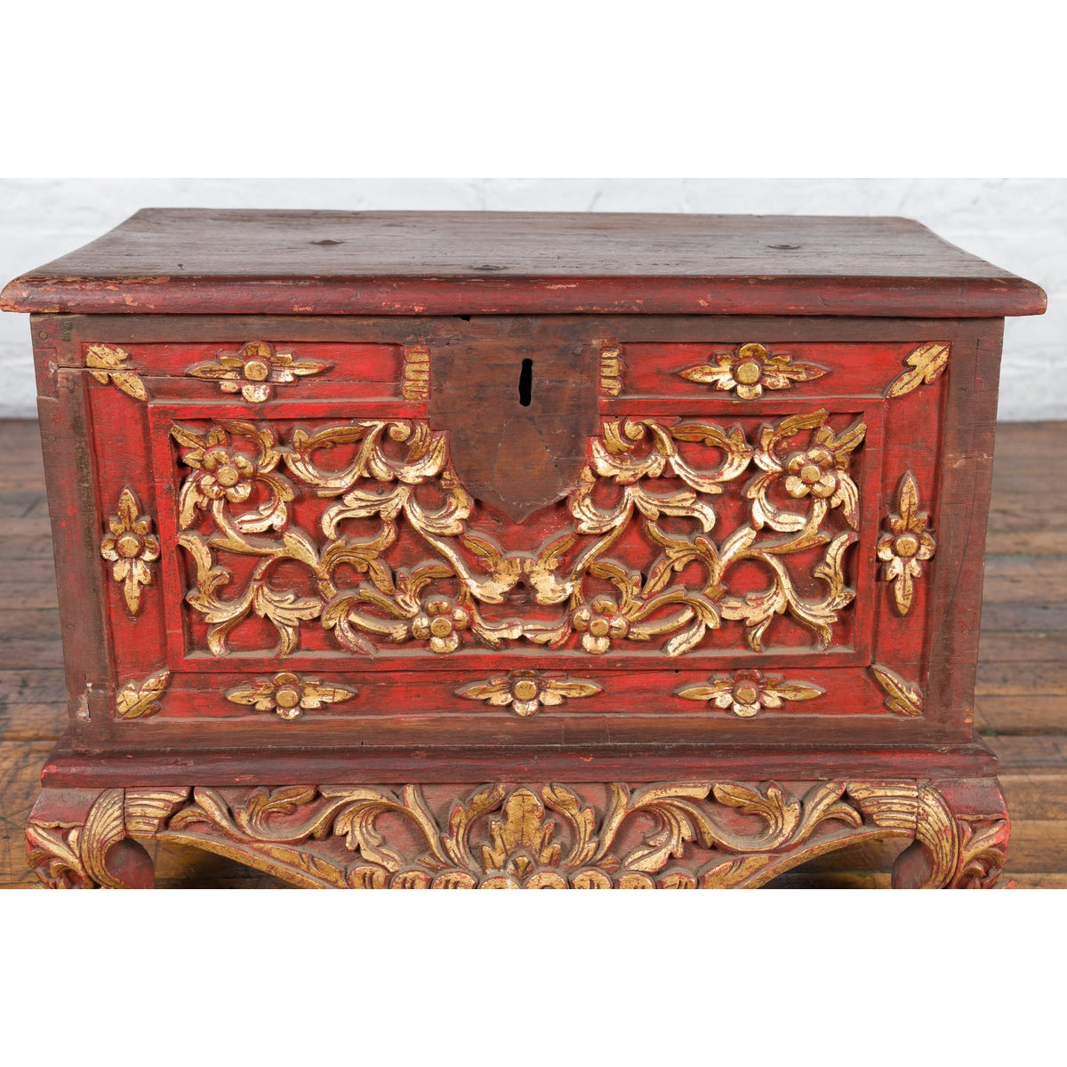 Antique Madura Hand Carved Wooden Treasure Chest with Red and Gold Décor-9. Asian & Chinese Furniture, Art, Antiques, Vintage Home Décor for sale at FEA Home