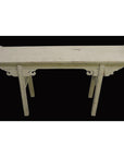 Distressed white antique wood altar table with curved side accents, narrow profile, front view.
