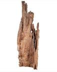 Brown driftwood carving with jagged edges and natural holes, close-up on a white background.