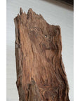 Close-up of brown driftwood carving from Chiang Mai, Thailand, rough texture, indoors against white brick wall.