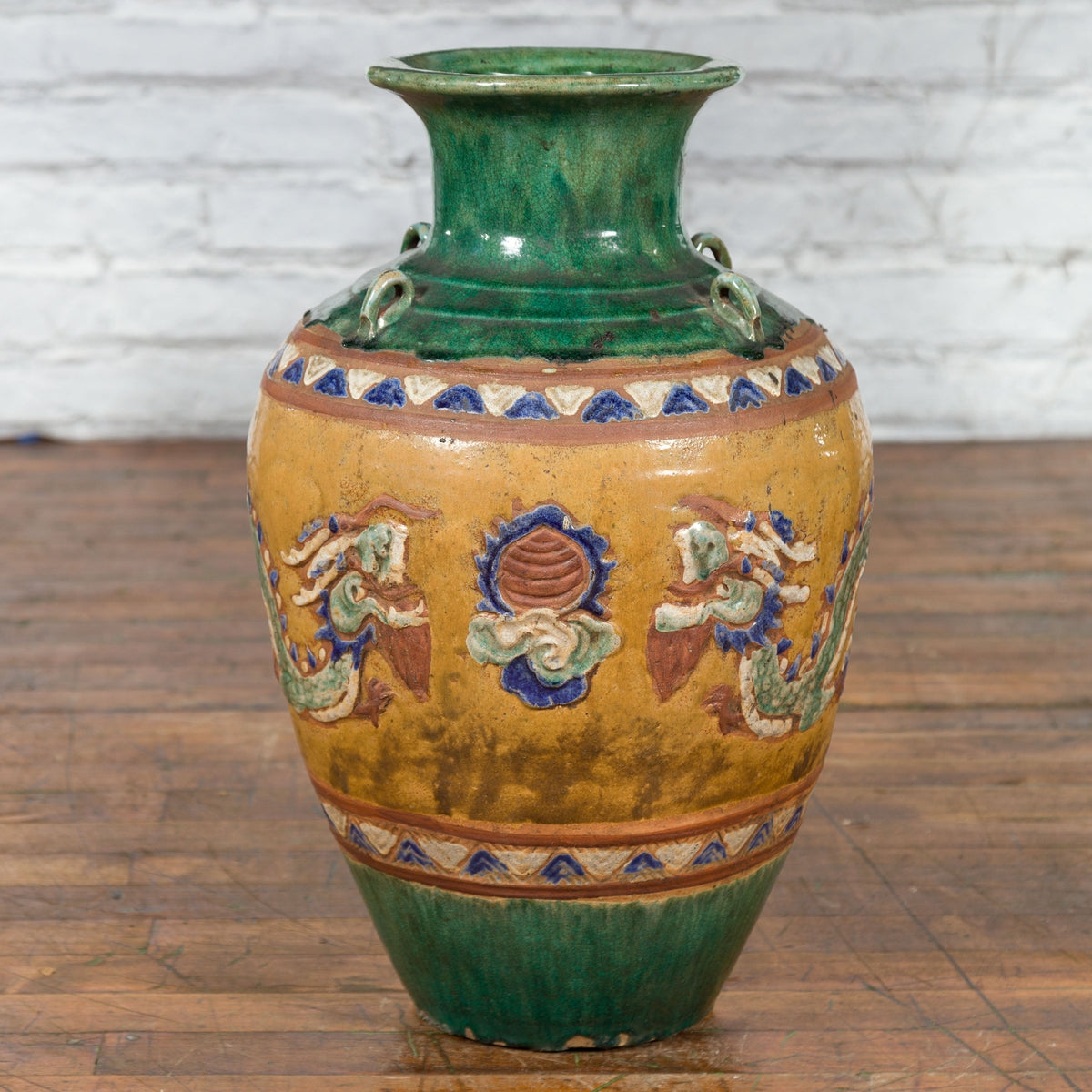 Annamese 19th Century Green Glazed Water Jar with Raised Dragon Motifs-2. Asian & Chinese Furniture, Art, Antiques, Vintage Home Décor for sale at FEA Home