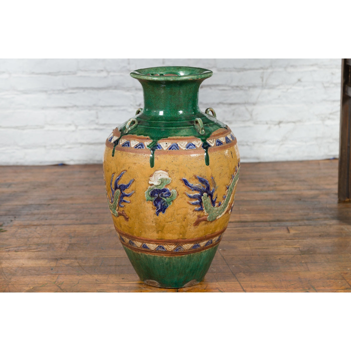 Annamese 19th Century Green Glazed Water Jar with Raised Dragon Motifs-3. Asian & Chinese Furniture, Art, Antiques, Vintage Home Décor for sale at FEA Home