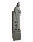 Gray stone Chinese guardian sculpture with carved robe and hair details, 19th century, hand-carved.