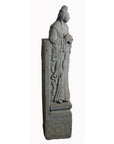 Gray stone Chinese guardian sculpture with carved robe and hair details, 19th century, hand-carved.