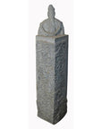 Gray stone pillar with hand-carved seated figure, antique 19th century Chinese sculpture, rear view.