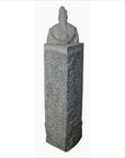 Gray stone pillar with hand-carved seated figure, antique 19th century Chinese sculpture, rear view.