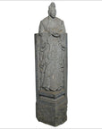 Gray stone hand-carved Chinese guardian sculpture of robed figure with ornate headdress on pedestal.