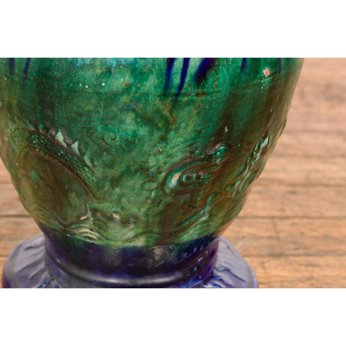 Antique Annamese Blue and Green Glazed Ceramic Garden Seat on Shaped Base-10. Asian & Chinese Furniture, Art, Antiques, Vintage Home Décor for sale at FEA Home