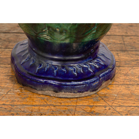 Antique Annamese Blue and Green Glazed Ceramic Garden Seat on Shaped Base-YN7681-11. Asian & Chinese Furniture, Art, Antiques, Vintage Home Décor for sale at FEA Home