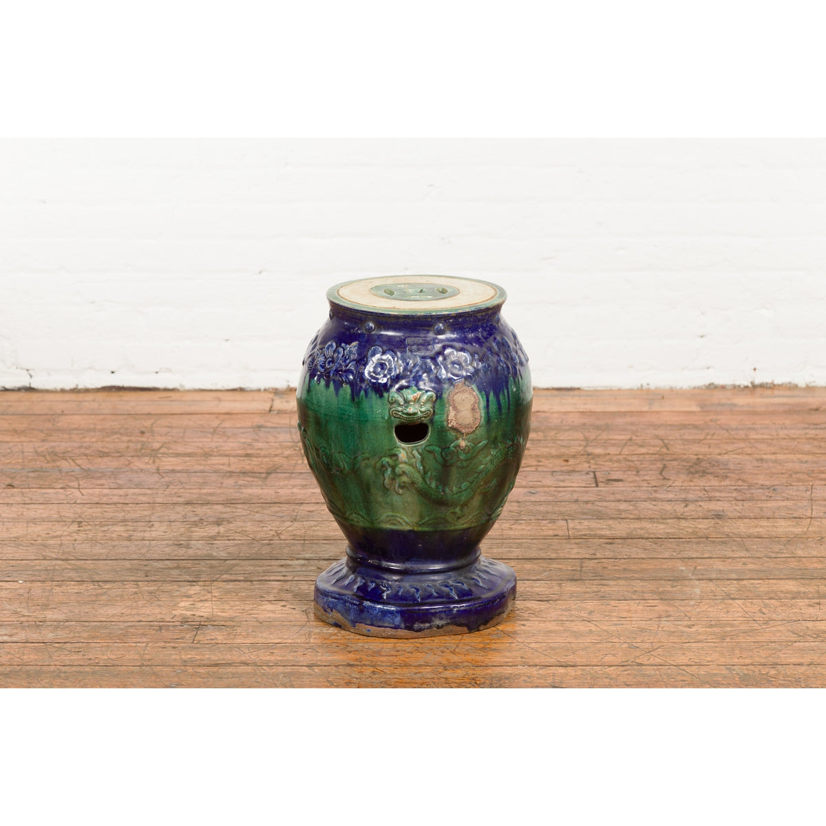 Antique Annamese Blue and Green Glazed Ceramic Garden Seat on Shaped Base-12. Asian & Chinese Furniture, Art, Antiques, Vintage Home Décor for sale at FEA Home