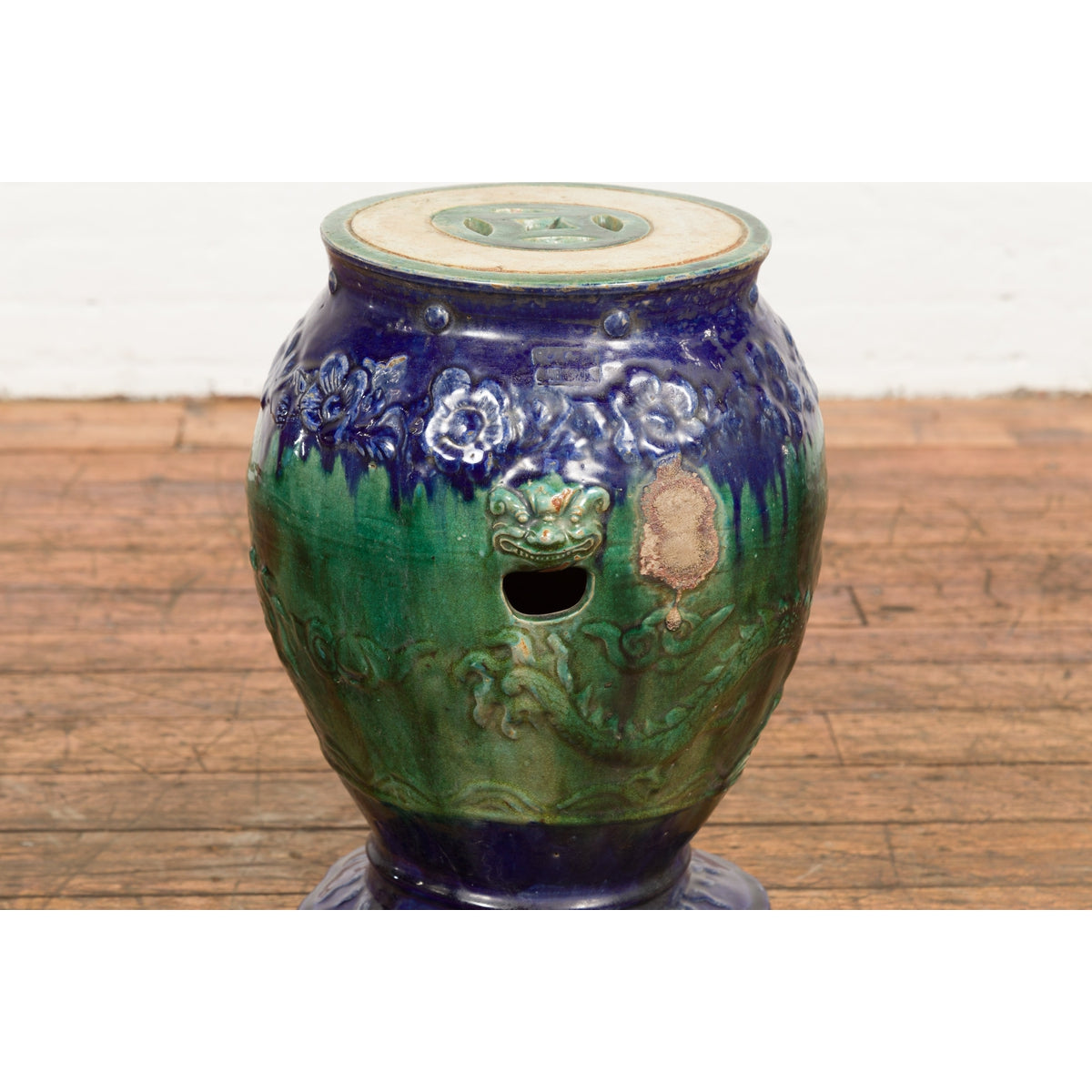 Antique Annamese Blue and Green Glazed Ceramic Garden Seat on Shaped Base-13. Asian & Chinese Furniture, Art, Antiques, Vintage Home Décor for sale at FEA Home