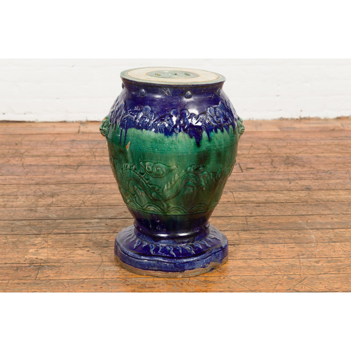 Antique Annamese Blue and Green Glazed Ceramic Garden Seat on Shaped Base-14. Asian & Chinese Furniture, Art, Antiques, Vintage Home Décor for sale at FEA Home