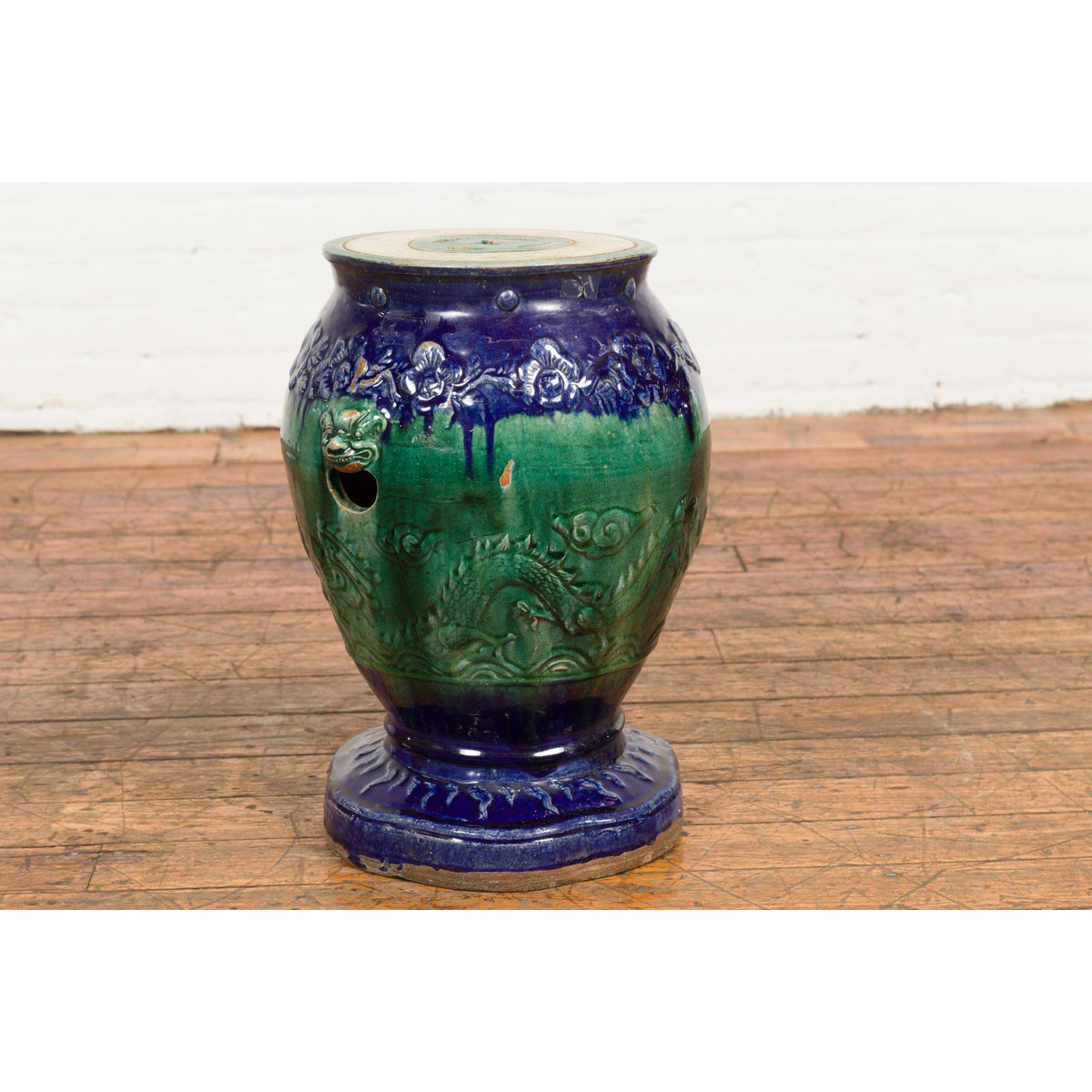 Antique Annamese Blue and Green Glazed Ceramic Garden Seat on Shaped Base-15. Asian & Chinese Furniture, Art, Antiques, Vintage Home Décor for sale at FEA Home