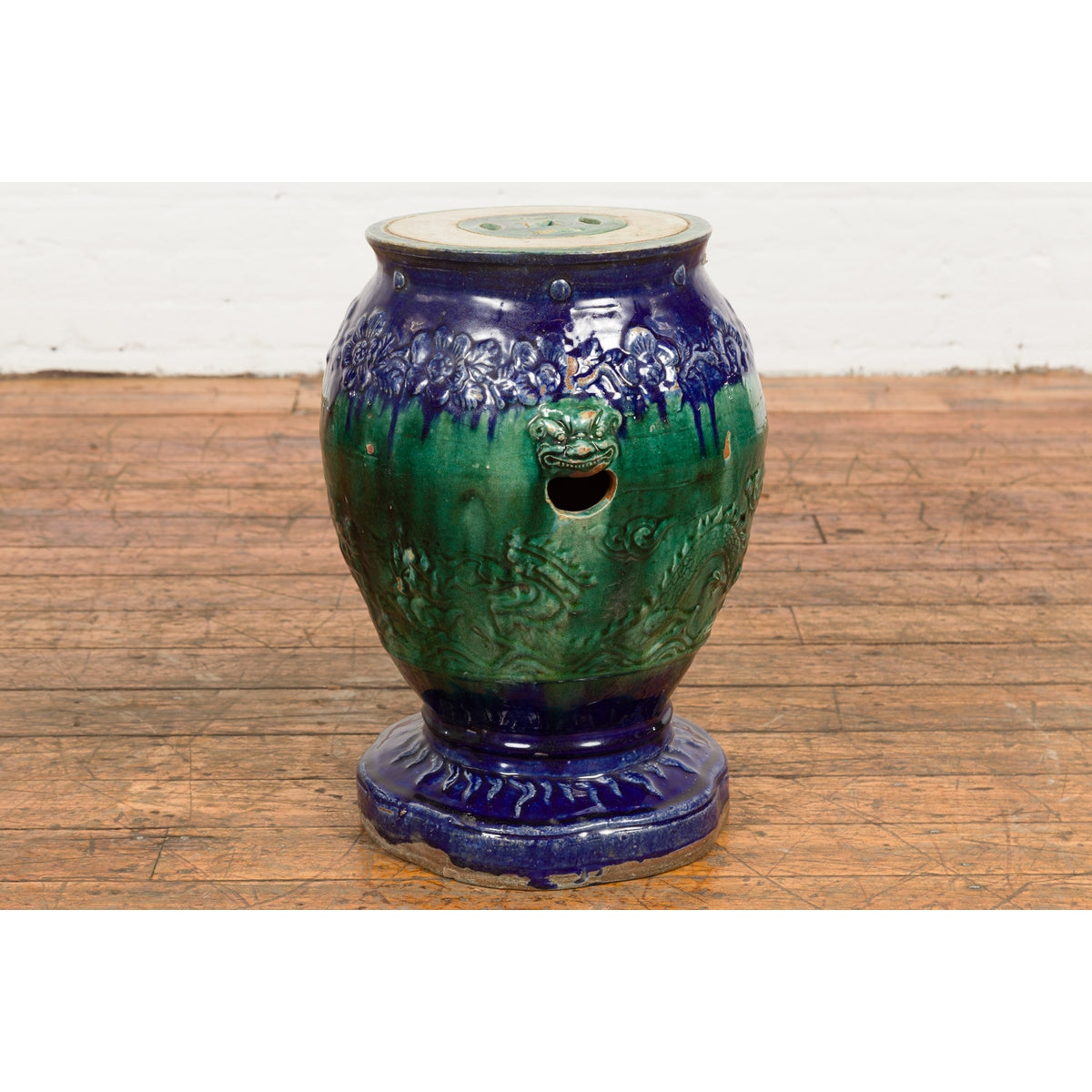 Antique Annamese Blue and Green Glazed Ceramic Garden Seat on Shaped Base-16. Asian & Chinese Furniture, Art, Antiques, Vintage Home Décor for sale at FEA Home