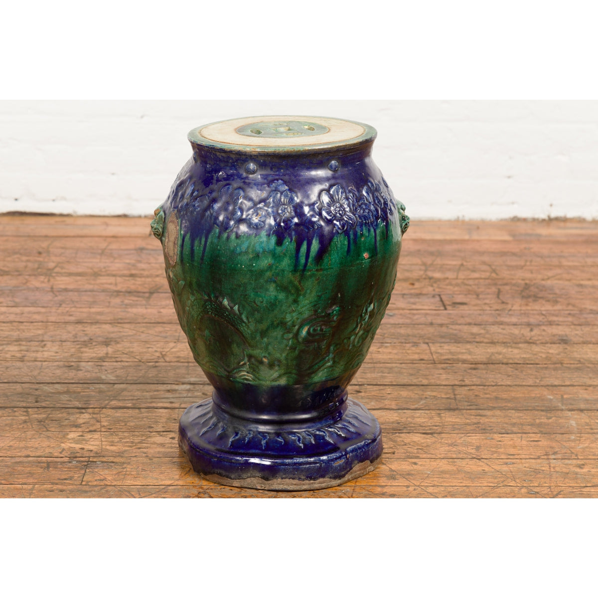 Antique Annamese Blue and Green Glazed Ceramic Garden Seat on Shaped Base-17. Asian & Chinese Furniture, Art, Antiques, Vintage Home Décor for sale at FEA Home