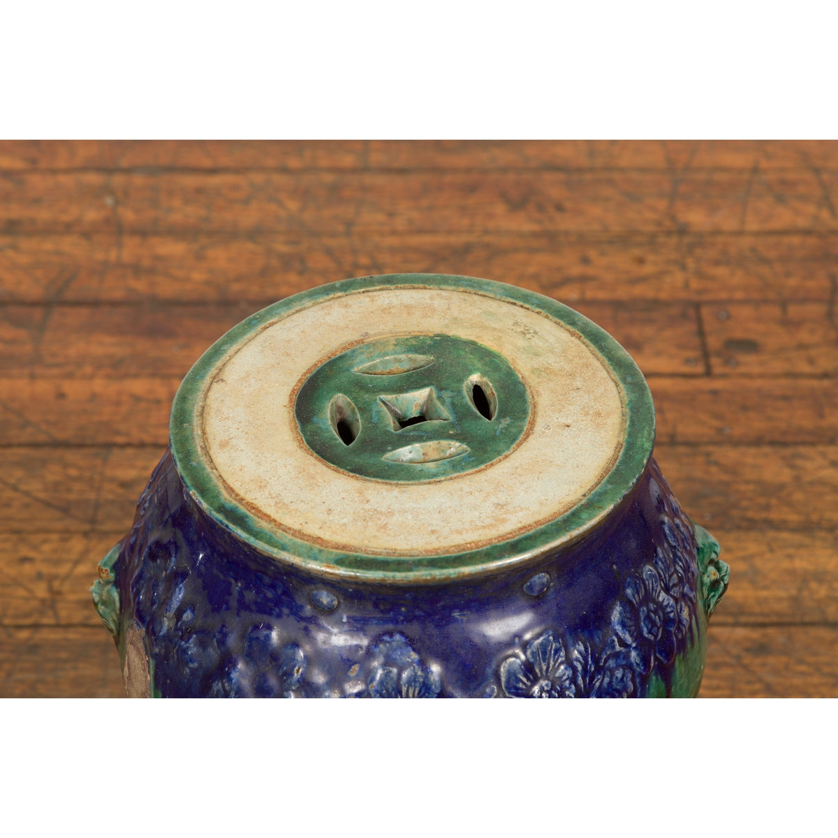 Antique Annamese Blue and Green Glazed Ceramic Garden Seat on Shaped Base-3. Asian & Chinese Furniture, Art, Antiques, Vintage Home Décor for sale at FEA Home