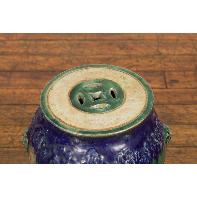 Antique Annamese Blue and Green Glazed Ceramic Garden Seat on Shaped Base-YN7681-3. Asian & Chinese Furniture, Art, Antiques, Vintage Home Décor for sale at FEA Home