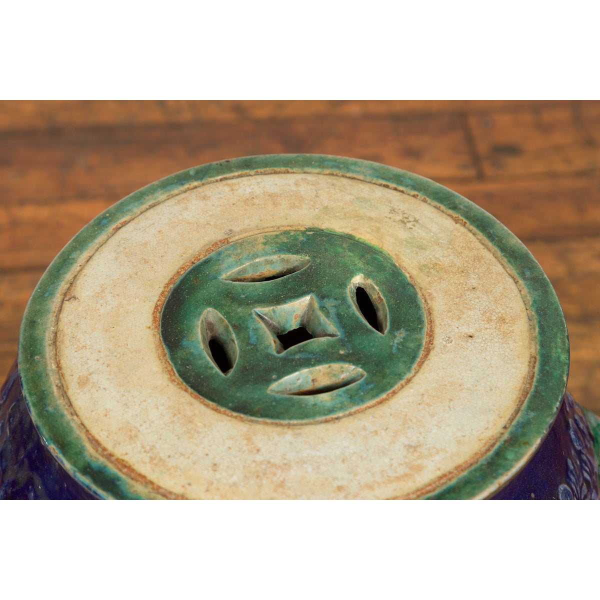 Antique Annamese Blue and Green Glazed Ceramic Garden Seat on Shaped Base-4. Asian & Chinese Furniture, Art, Antiques, Vintage Home Décor for sale at FEA Home