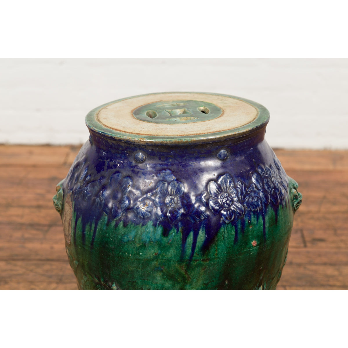 Antique Annamese Blue and Green Glazed Ceramic Garden Seat on Shaped Base-5. Asian & Chinese Furniture, Art, Antiques, Vintage Home Décor for sale at FEA Home