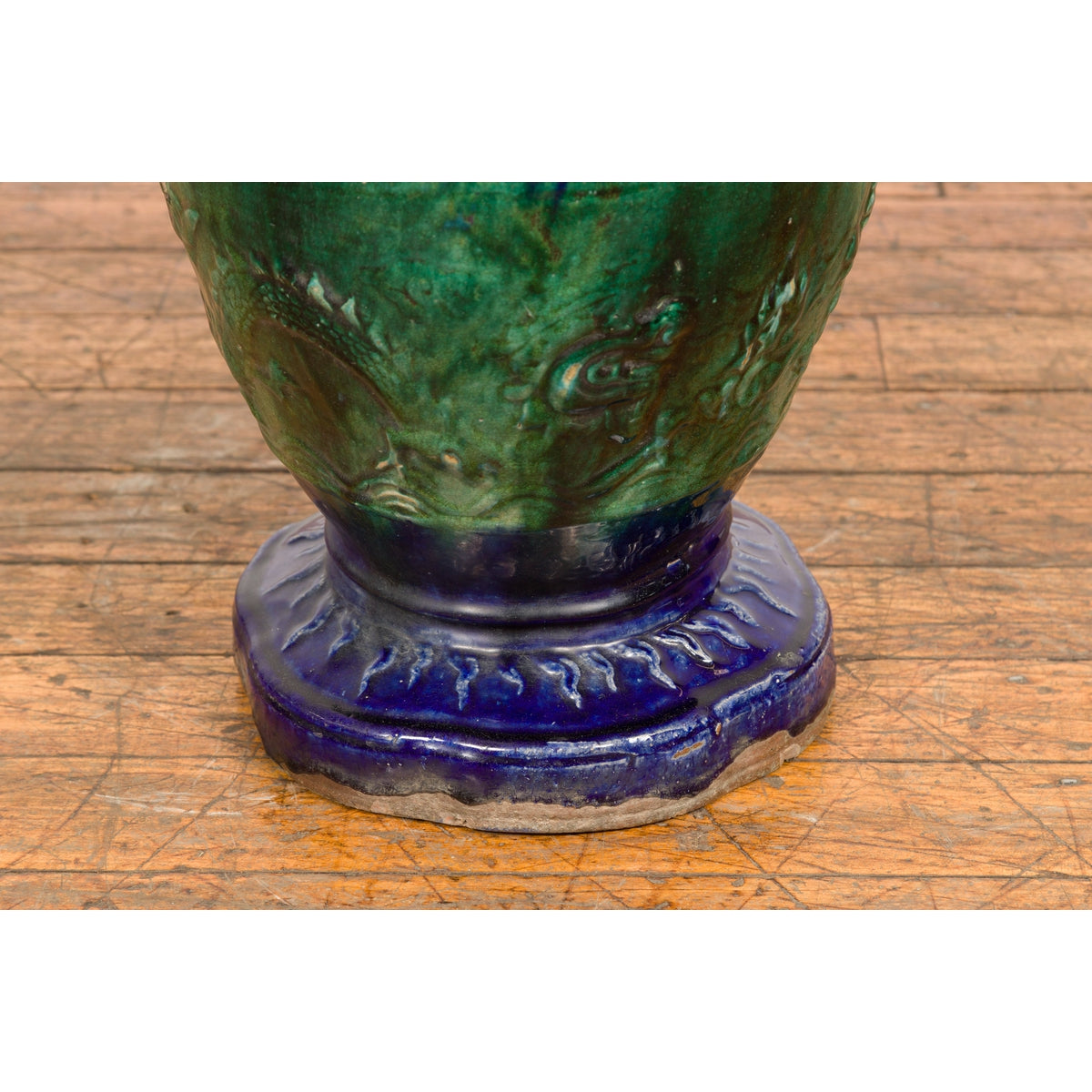 Antique Annamese Blue and Green Glazed Ceramic Garden Seat on Shaped Base-6. Asian & Chinese Furniture, Art, Antiques, Vintage Home Décor for sale at FEA Home