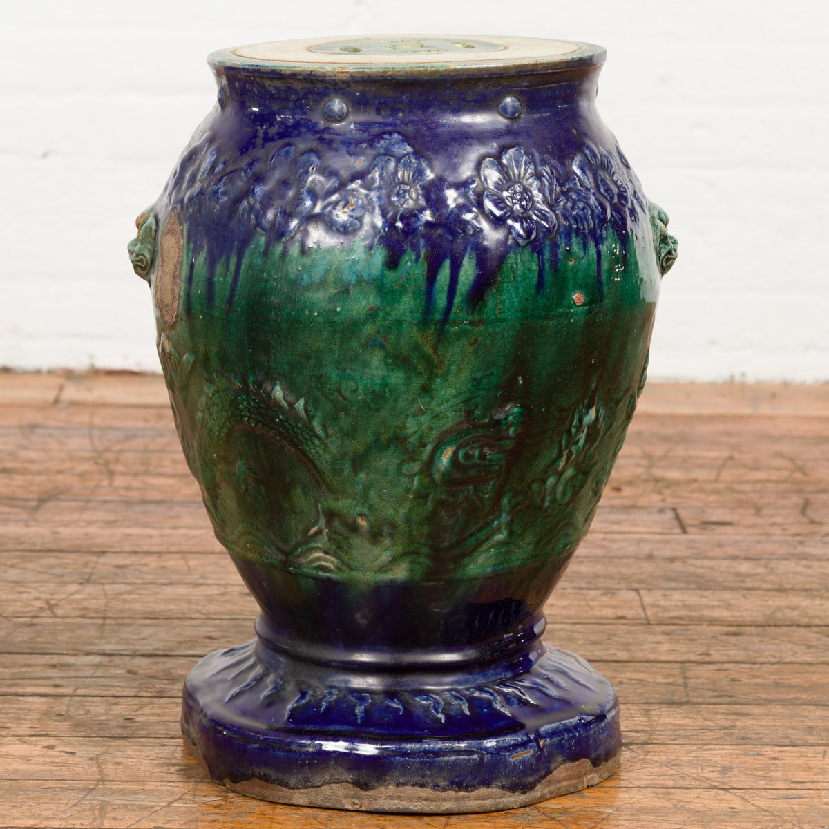 Antique Annamese Blue and Green Glazed Ceramic Garden Seat on Shaped Base-7. Asian & Chinese Furniture, Art, Antiques, Vintage Home Décor for sale at FEA Home