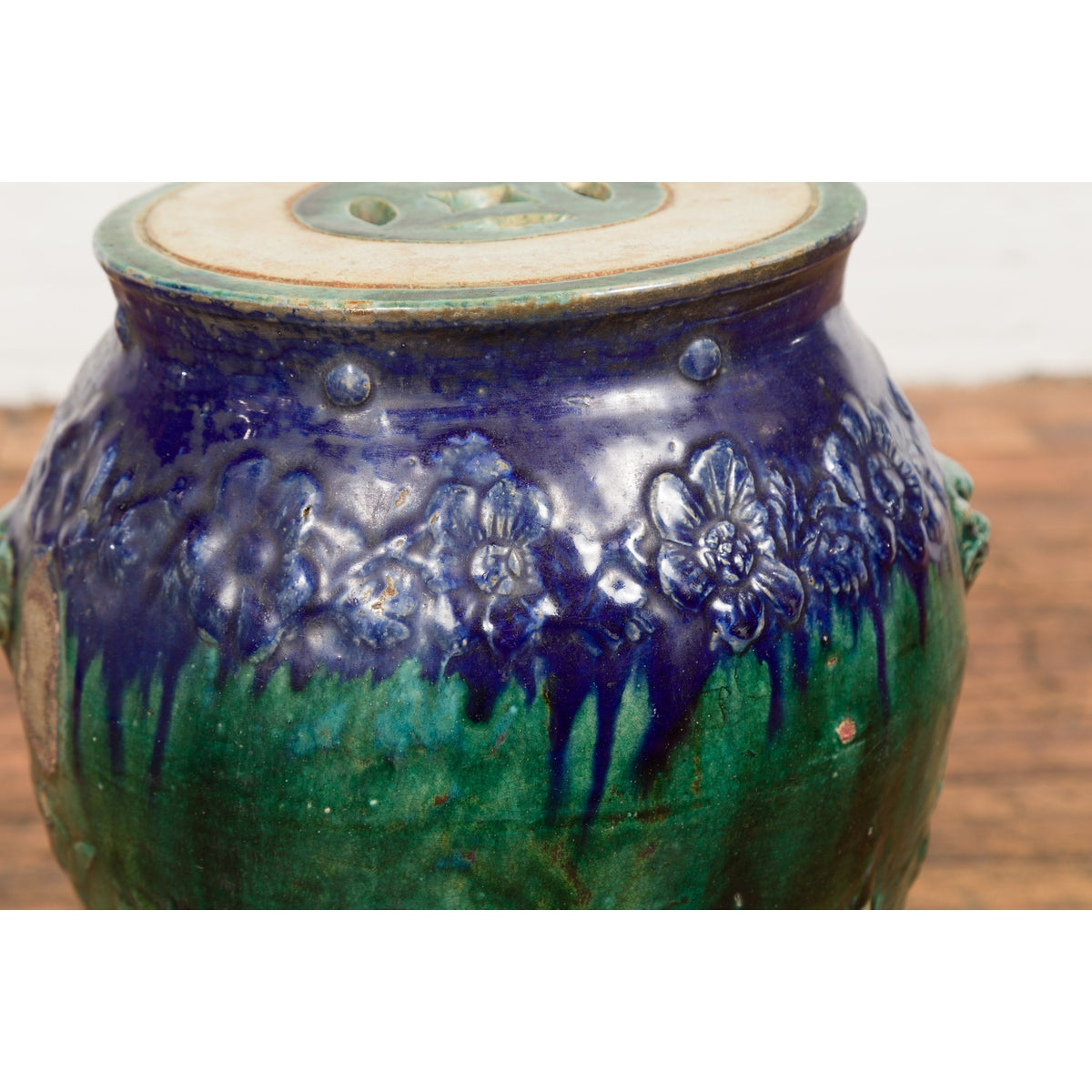 Antique Annamese Blue and Green Glazed Ceramic Garden Seat on Shaped Base-9. Asian & Chinese Furniture, Art, Antiques, Vintage Home Décor for sale at FEA Home