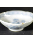 Close-up of blue and white hand painted porcelain bowl with slight rim chips, on a dark surface.