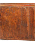 Vintage brown wooden square Asian antique prayer or coffee table with smooth closed top, close-up.