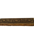 Brown wooden rectangular panel with intricate floral and animal carvings, displayed on a plain white background.