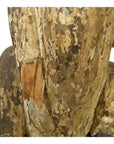 Close-up of antique brown wood hand-carved seated goat sculpture with chipped paint and exposed wood, Burmese 19th c.