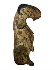 Brown wood seated goat sculpture with horns and faded paint, hand-carved, 19th-century Burmese style.