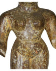 Bronze armless torso temple carving, weathered and textured, antique Burmese art, close-up view.