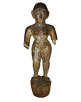 Weathered wooden Burmese temple carving, armless figure on pedestal, aged surface, white background.