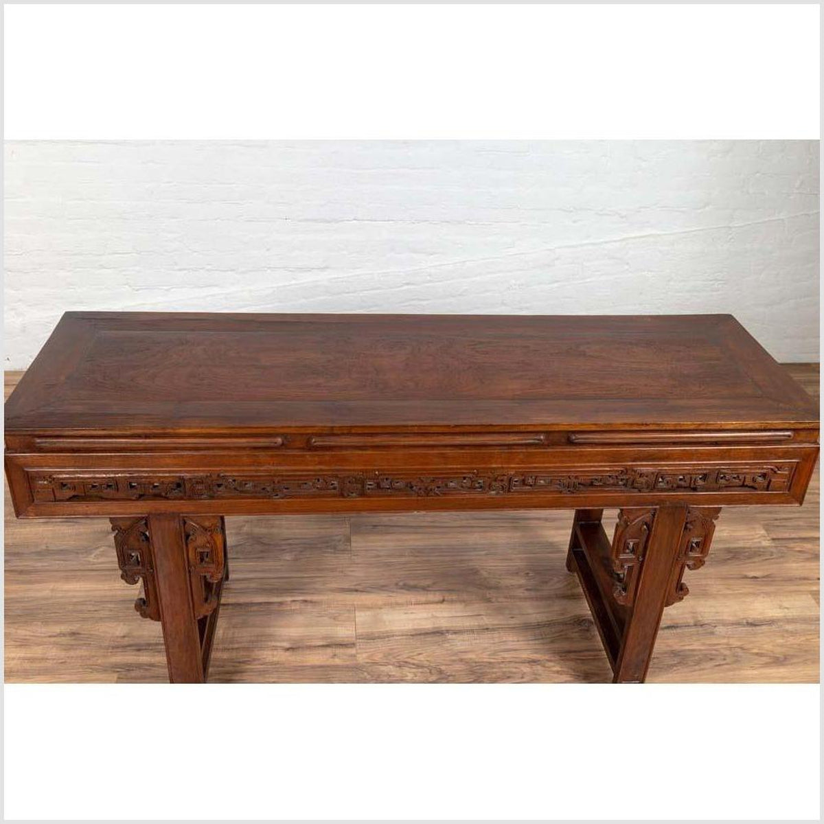 Antique Chinese Altar Console Table with Overhang Top and Open Fretwork Scrolls-12. Asian & Chinese Furniture, Art, Antiques, Vintage Home Décor for sale at FEA Home