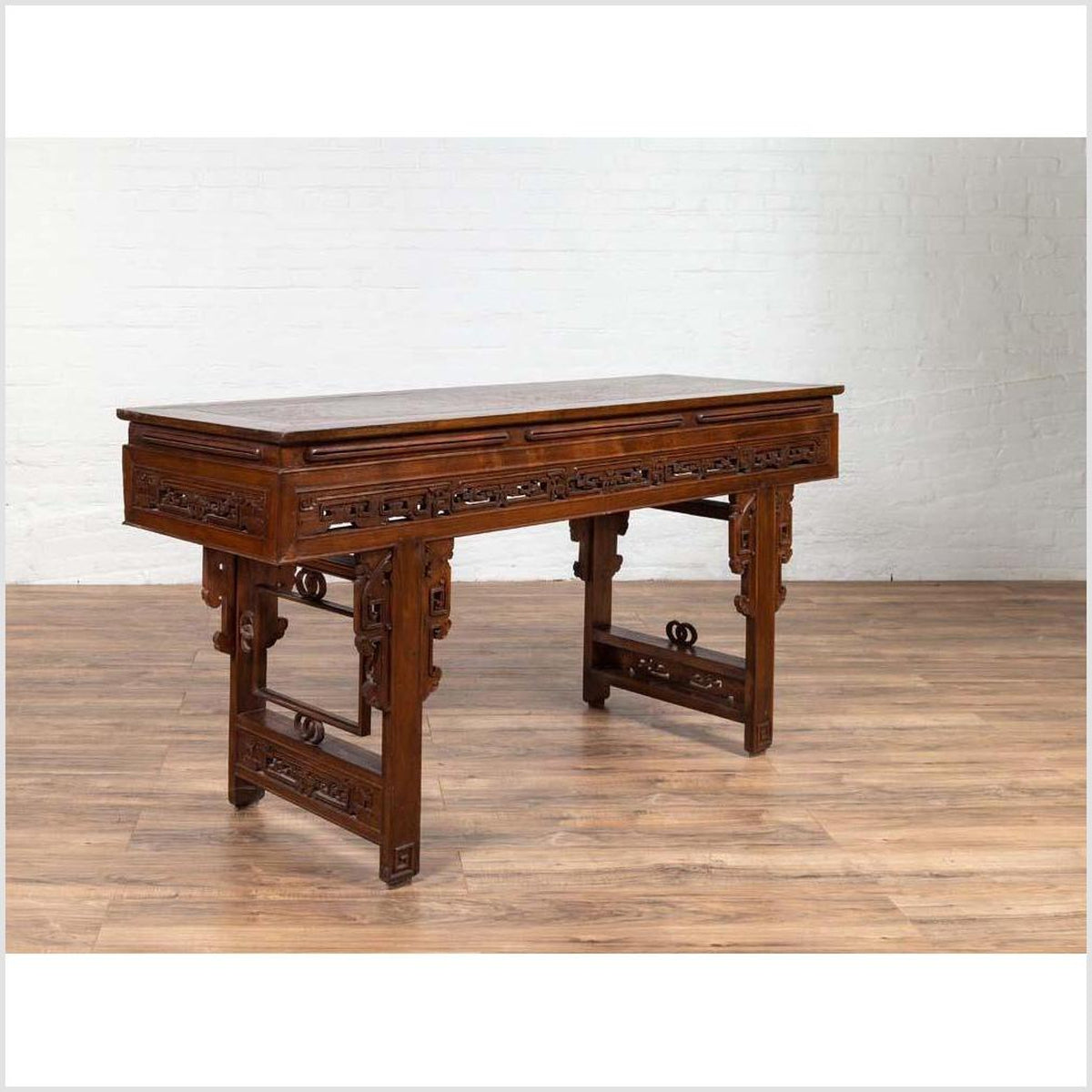 Antique Chinese Altar Console Table with Overhang Top and Open Fretwork Scrolls-13. Asian & Chinese Furniture, Art, Antiques, Vintage Home Décor for sale at FEA Home
