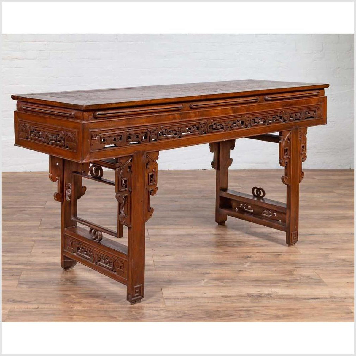 Antique Chinese Altar Console Table with Overhang Top and Open Fretwork Scrolls-14. Asian & Chinese Furniture, Art, Antiques, Vintage Home Décor for sale at FEA Home