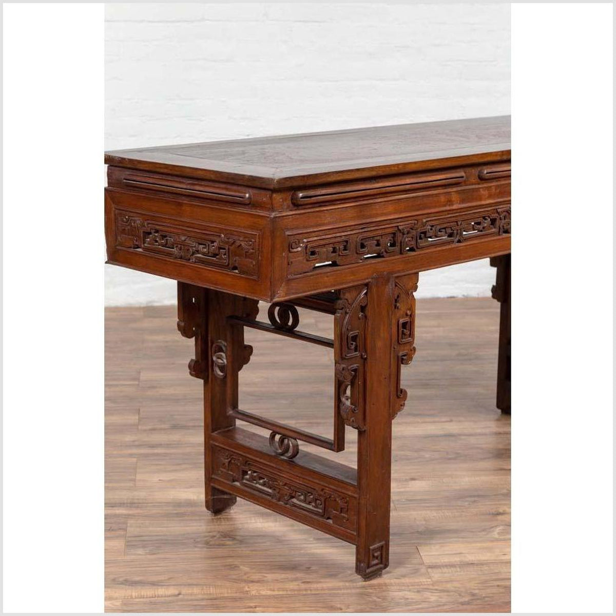 Antique Chinese Altar Console Table with Overhang Top and Open Fretwork Scrolls-15. Asian & Chinese Furniture, Art, Antiques, Vintage Home Décor for sale at FEA Home